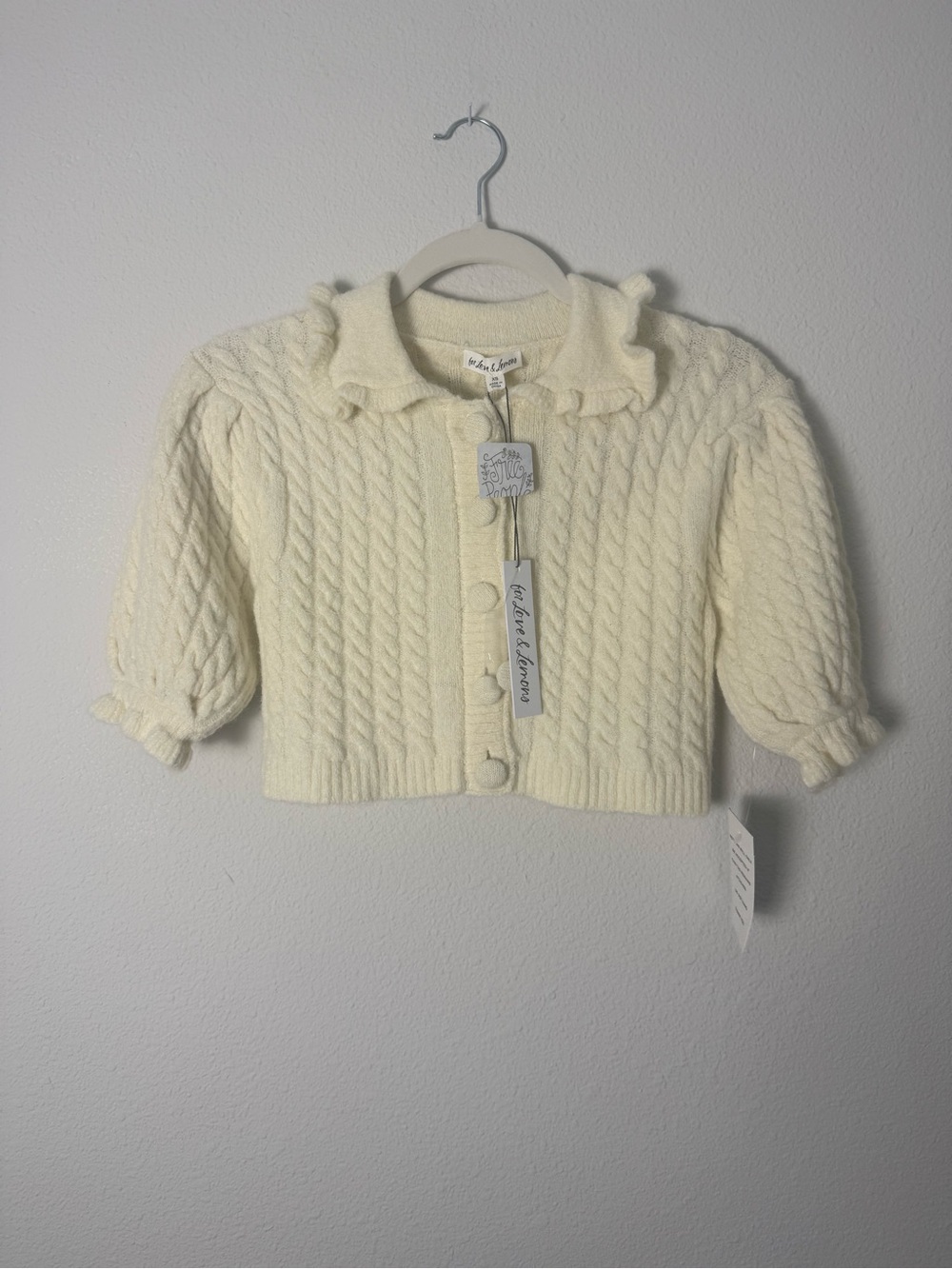 For love & lemons Free People Ivory Knit Cropped Cardigan with Ruffle Collar